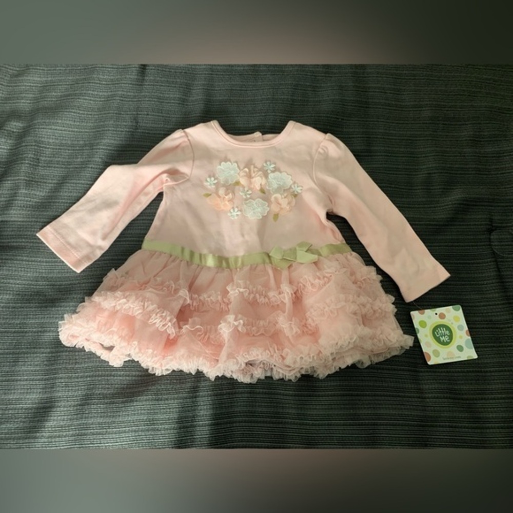 New Little Me Pink Dress Floral 3D Ruffled Organza 9 months